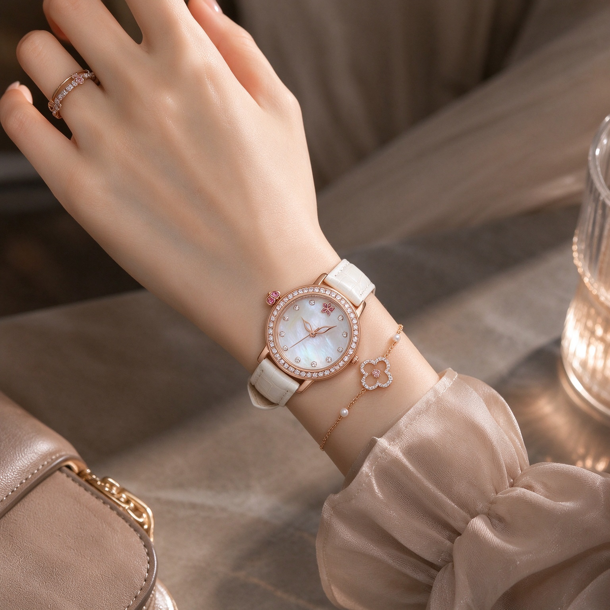 Rose Gold Mother of Pearl Women's Watch with Crocodile Embossed Strap