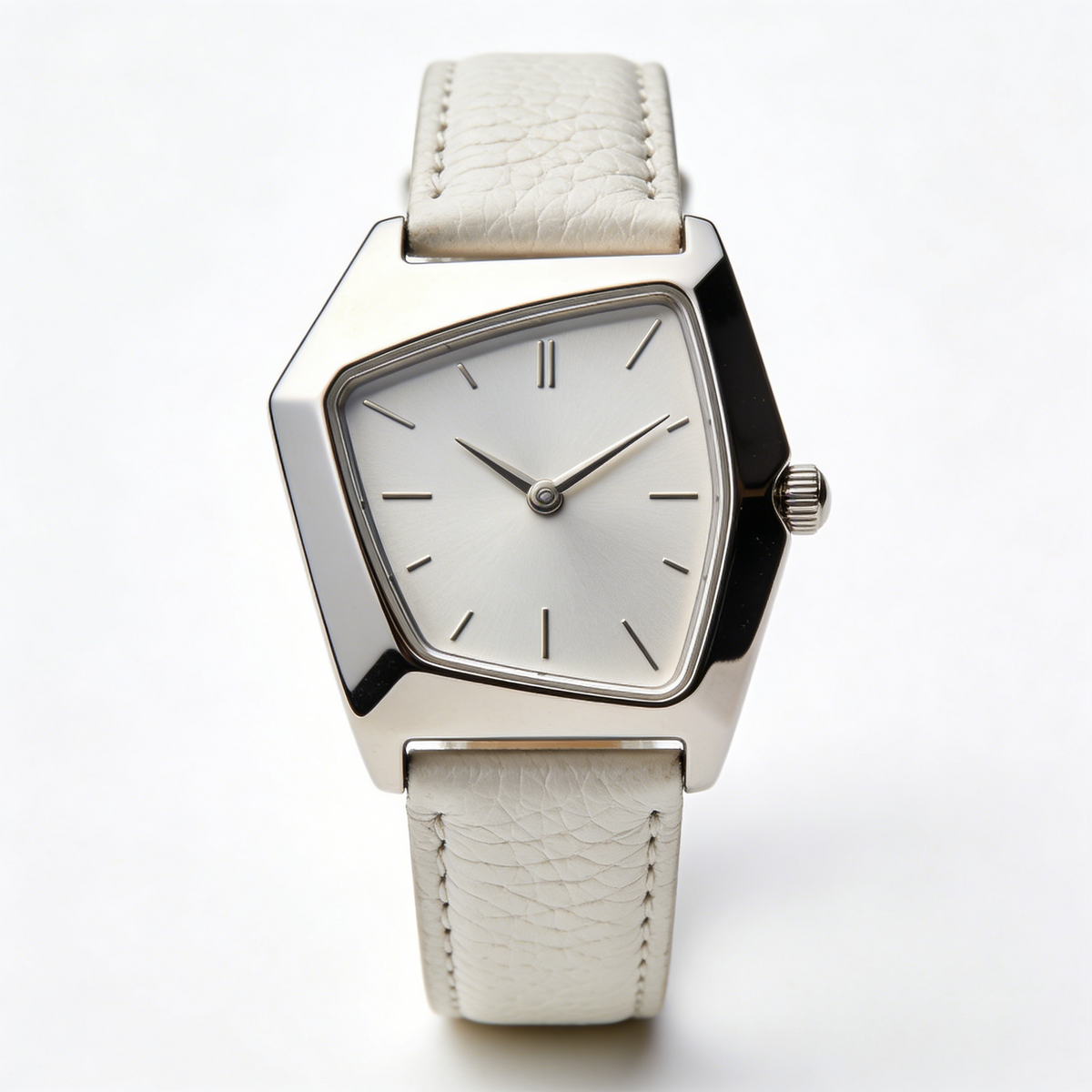 Geometric Trapezoid Silver Women's Watch with White Leather Strap
