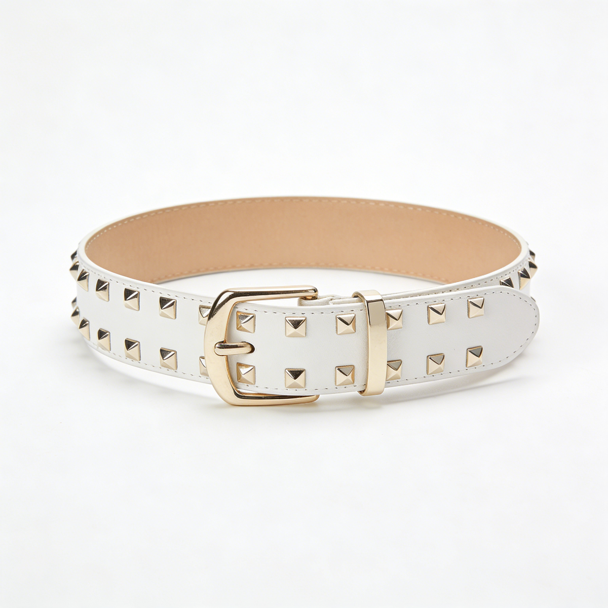White Pyramid Studded Punk Style Leather Belt with Gold Buckle