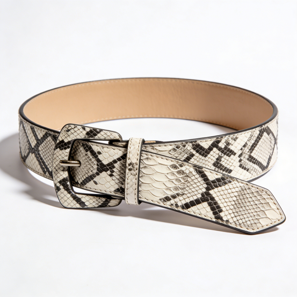 White Snakeskin Print Geometric Leather Belt