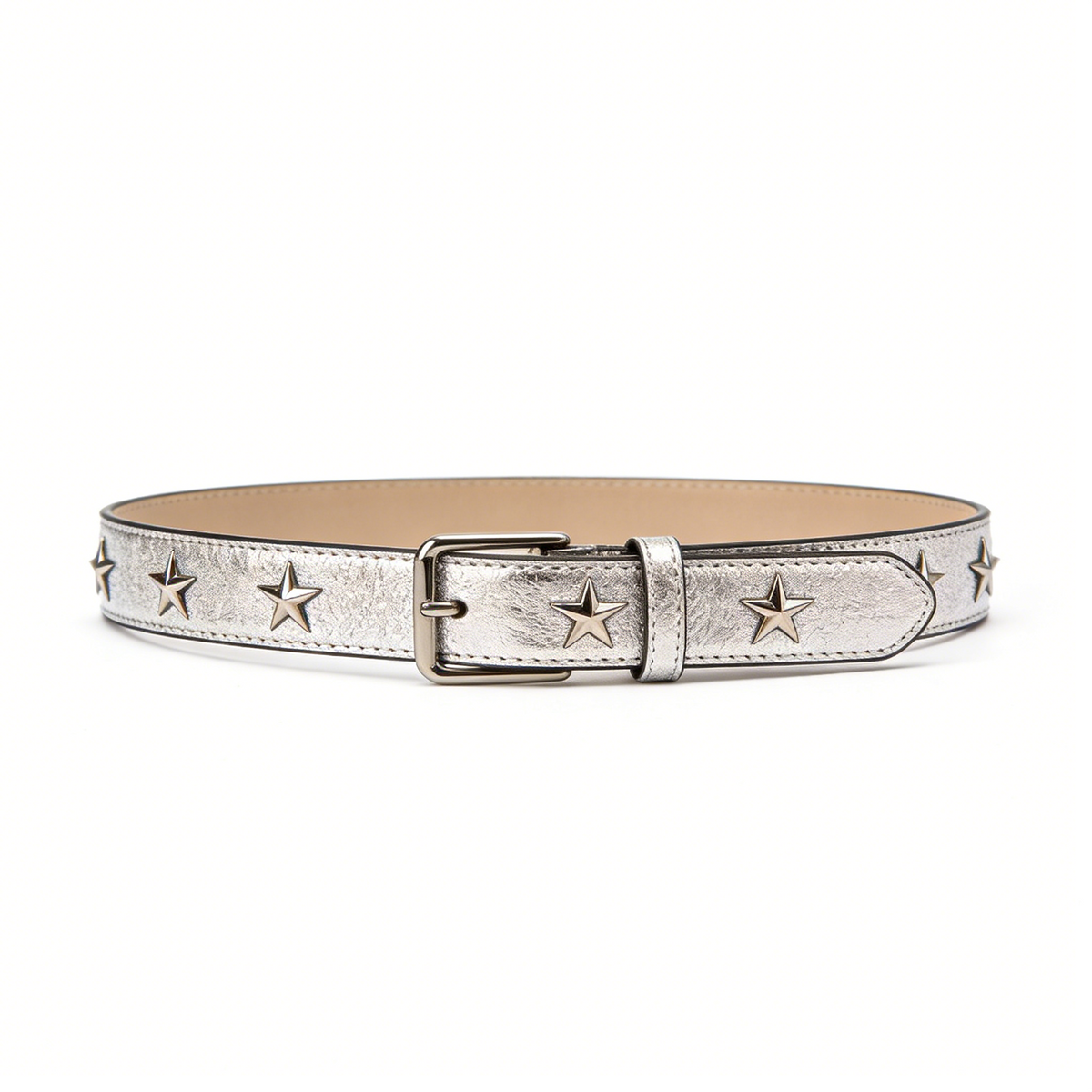 Silver Star Studded Metallic Leather Belt