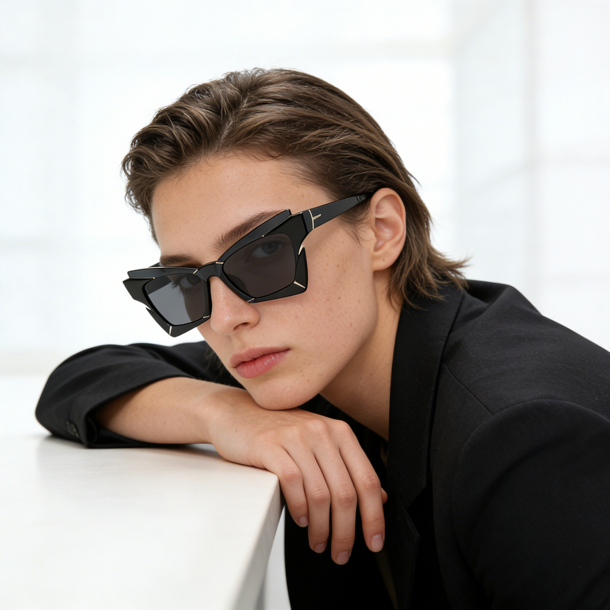 Futuristic Angular Black Cat Eye Sunglasses
