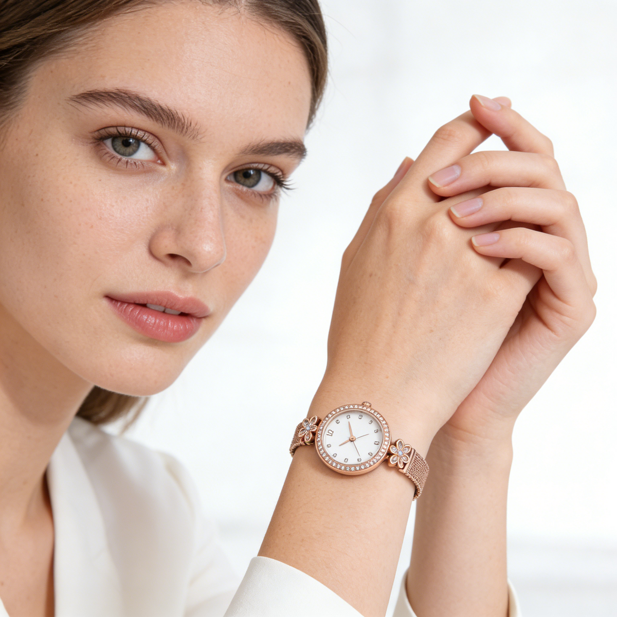 Floral Accent Rose Gold Mesh Women's Watch with Crystal Details