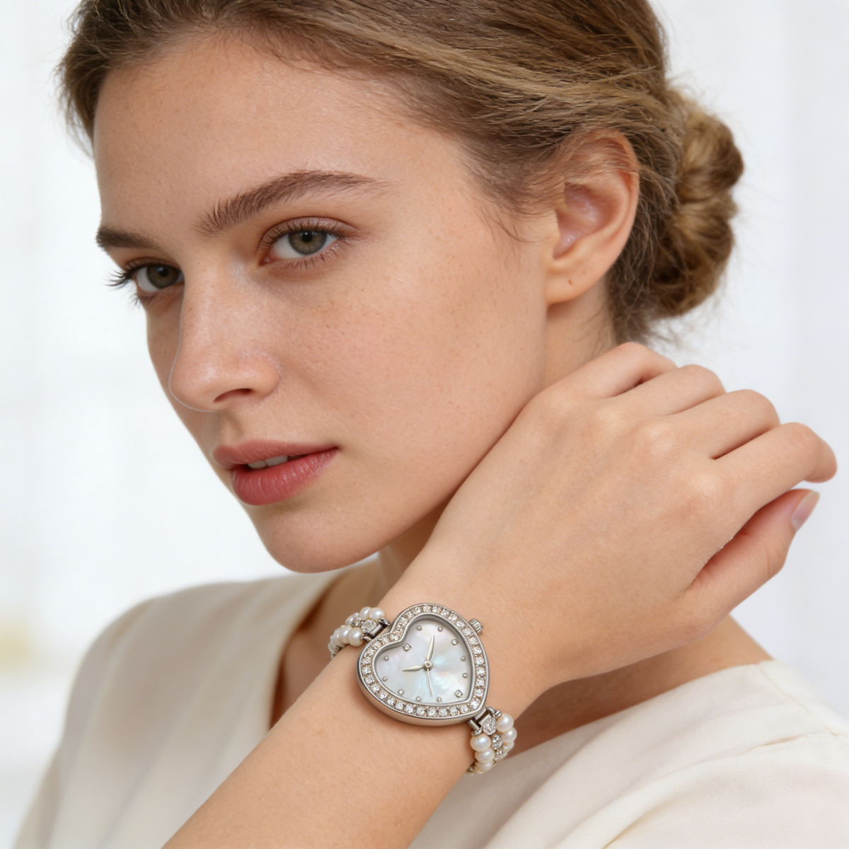 Heart Shape Mother of Pearl Women's Watch with Pearl & Diamond Bracelet