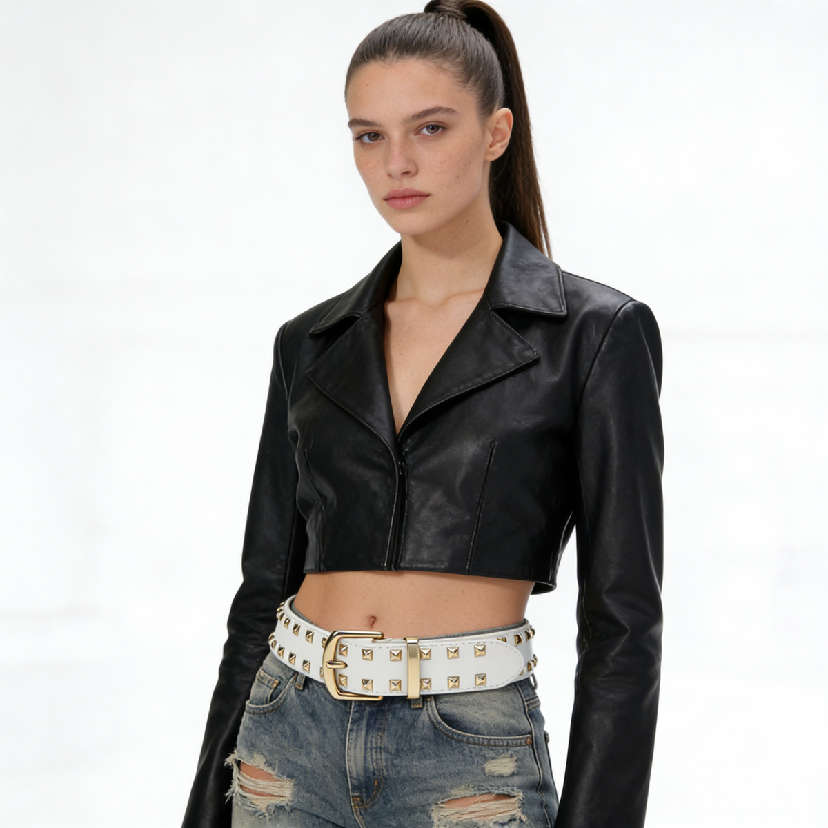 White Pyramid Studded Punk Style Leather Belt with Gold Buckle