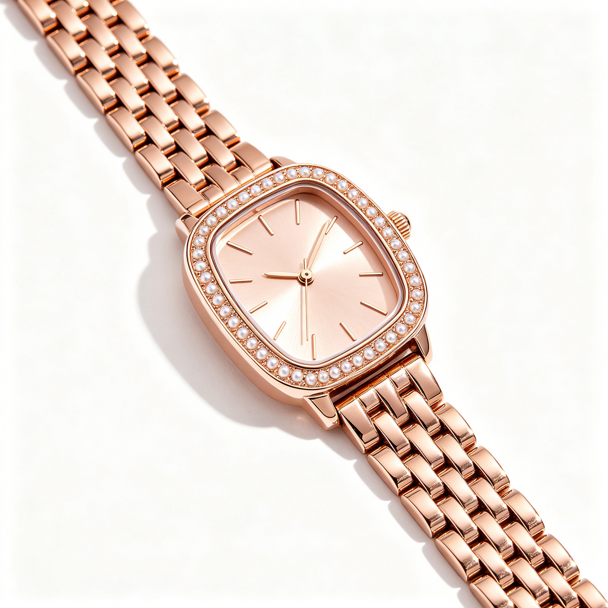 Elegant Rose Gold Tonneau Women's Watch with Pearl Accents