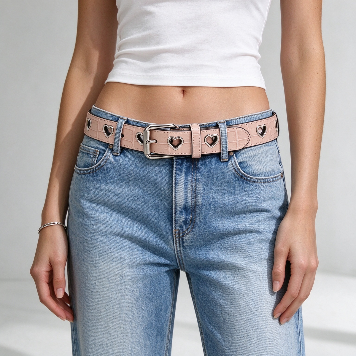 Pink Crocodile Embossed Heart Cutout Leather Belt