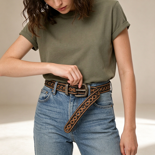 Two-Tone Openwork Braided Leather Belt with Gold Buckle
