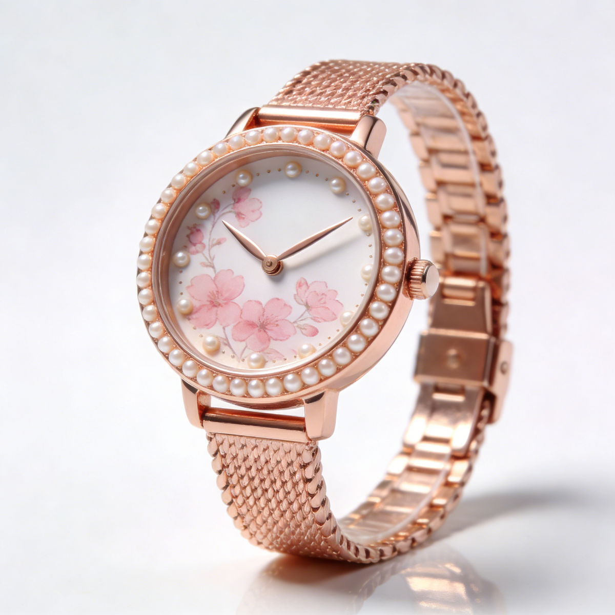 Cherry Blossom Rose Gold Mesh Women's Watch with Pearl Bezel