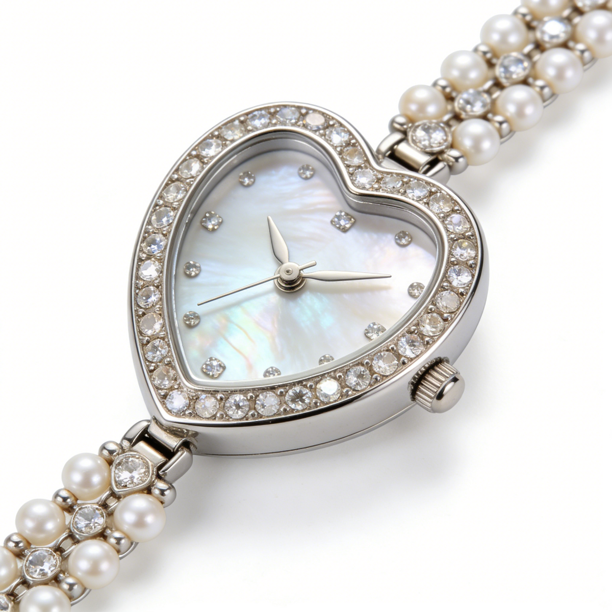 Heart Shape Mother of Pearl Women's Watch with Pearl & Diamond Bracelet