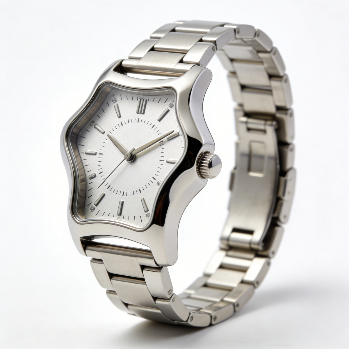 Wavy Case Silver Men's Watch with Roman Numerals