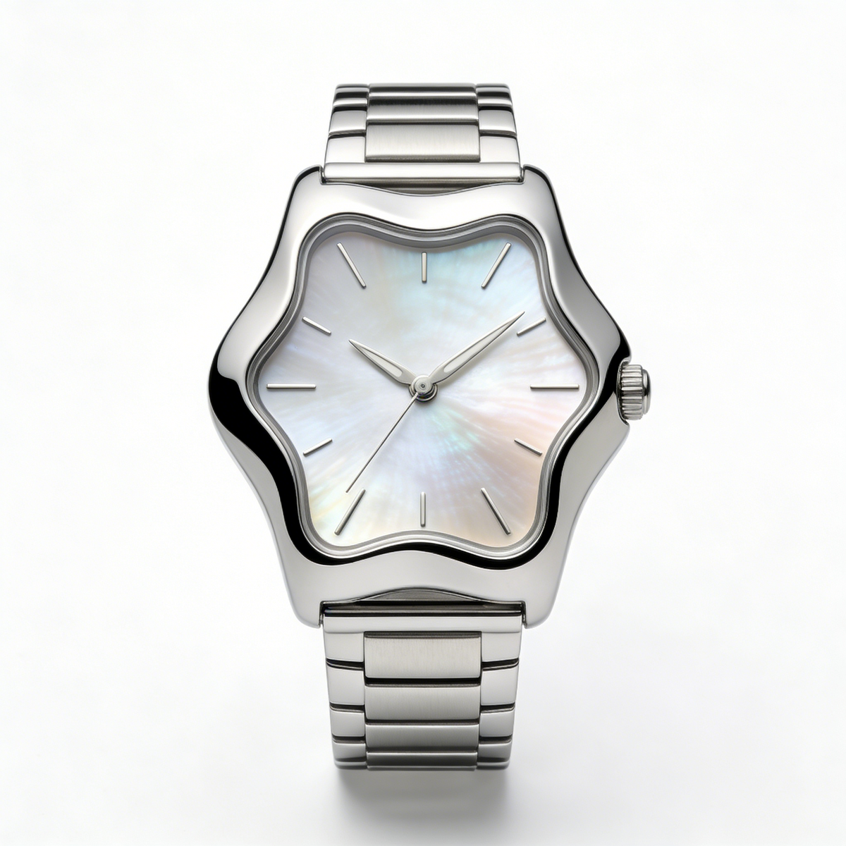 Wavy Case Mother of Pearl Women's Watch with Stainless Steel Band