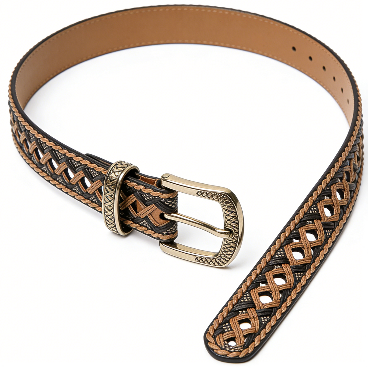 Two-Tone Openwork Braided Leather Belt with Gold Buckle