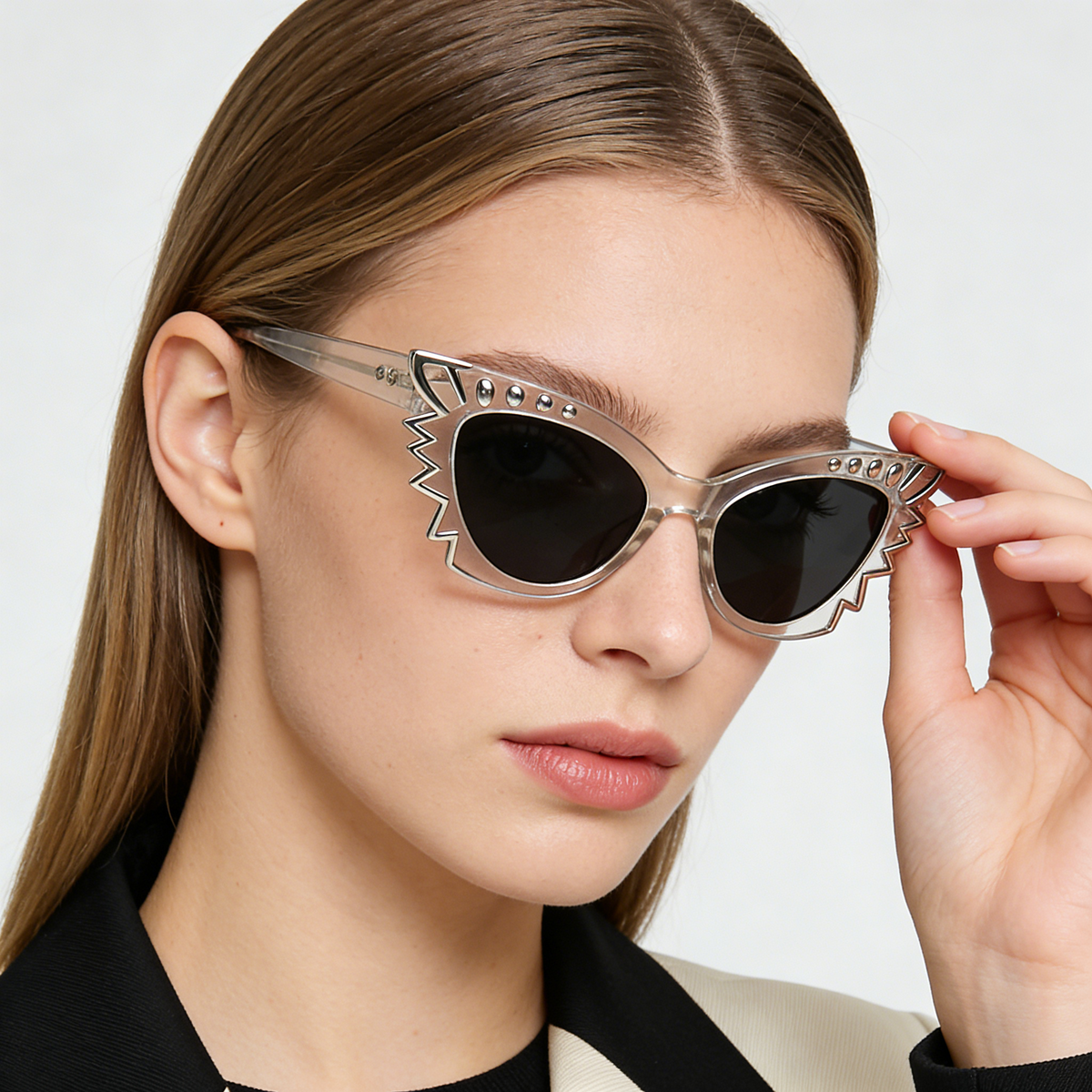 Clear Acetate Cat Eye Sunglasses with Studded Details