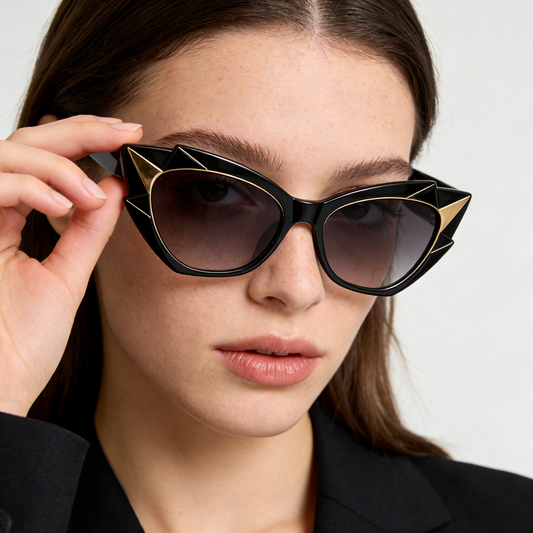Bold Black Gold Angular Cat Eye Sunglasses