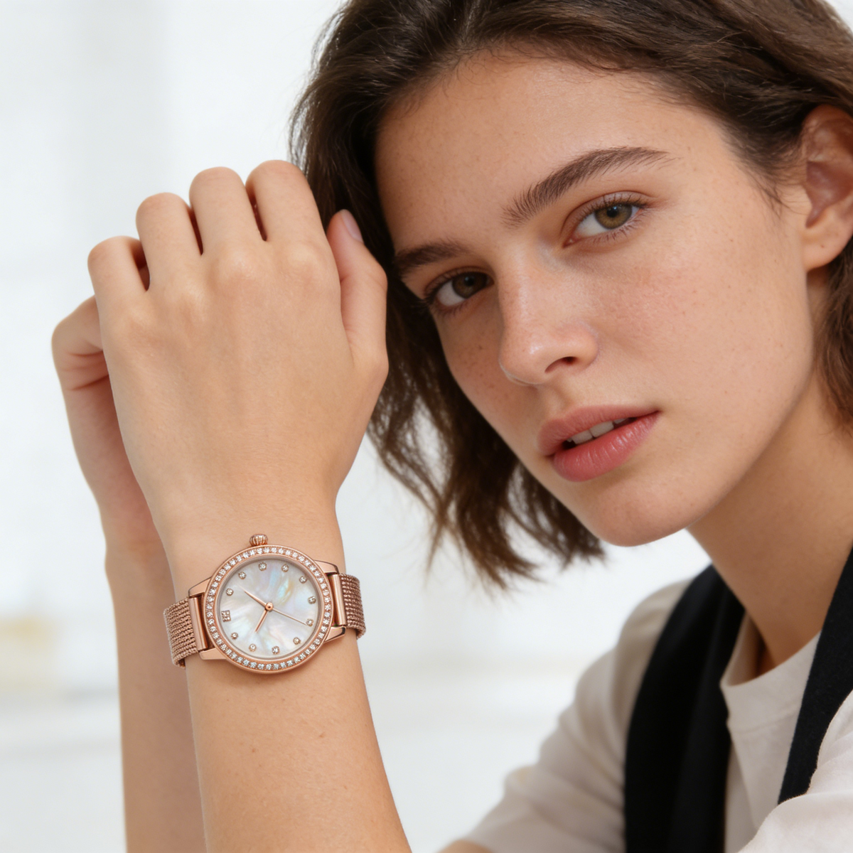 Rose Gold Mother of Pearl Mesh Women's Watch with Crystal Bezel