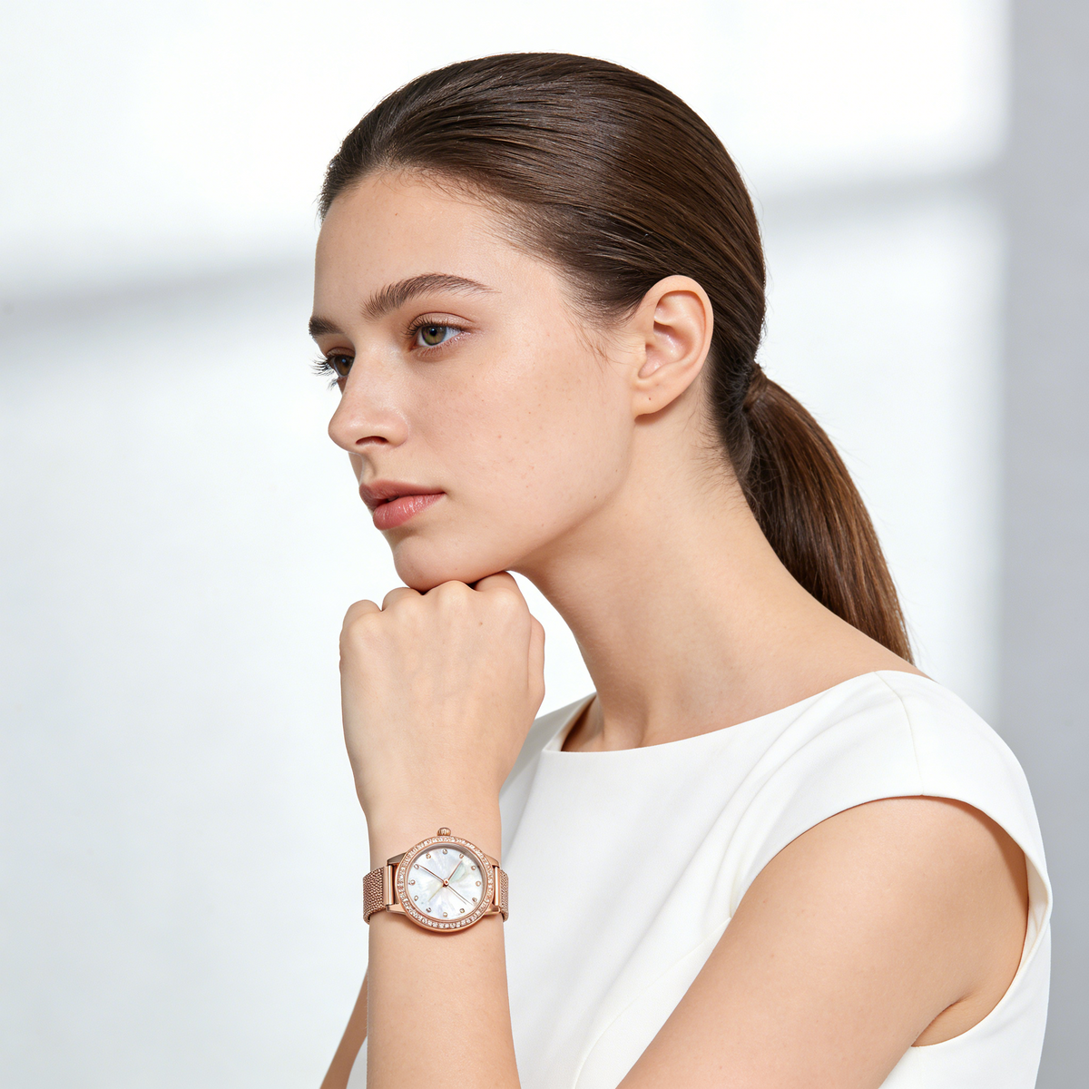 Rose Gold Mother of Pearl Mesh Women's Watch with Crystal Bezel