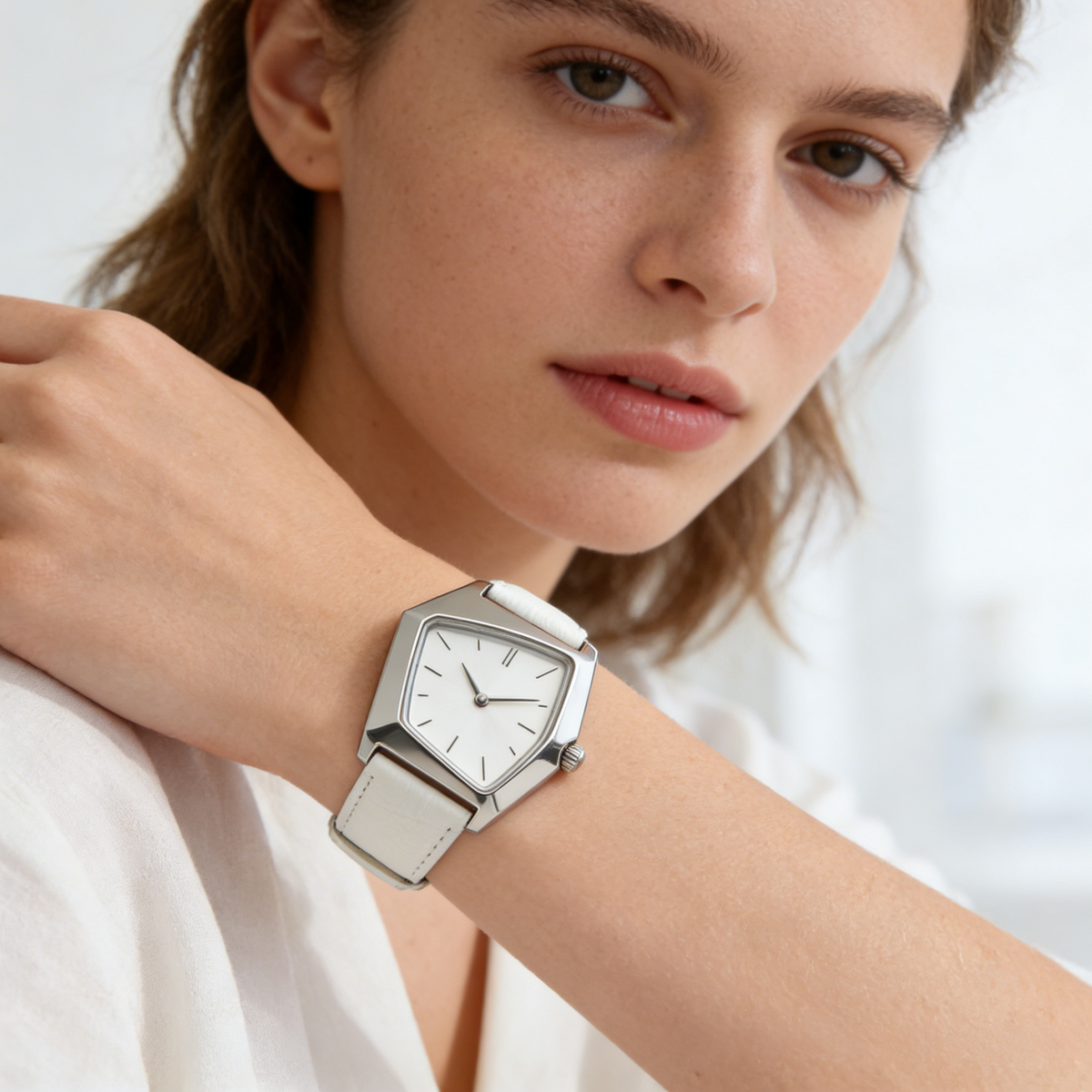 Geometric Trapezoid Silver Women's Watch with White Leather Strap