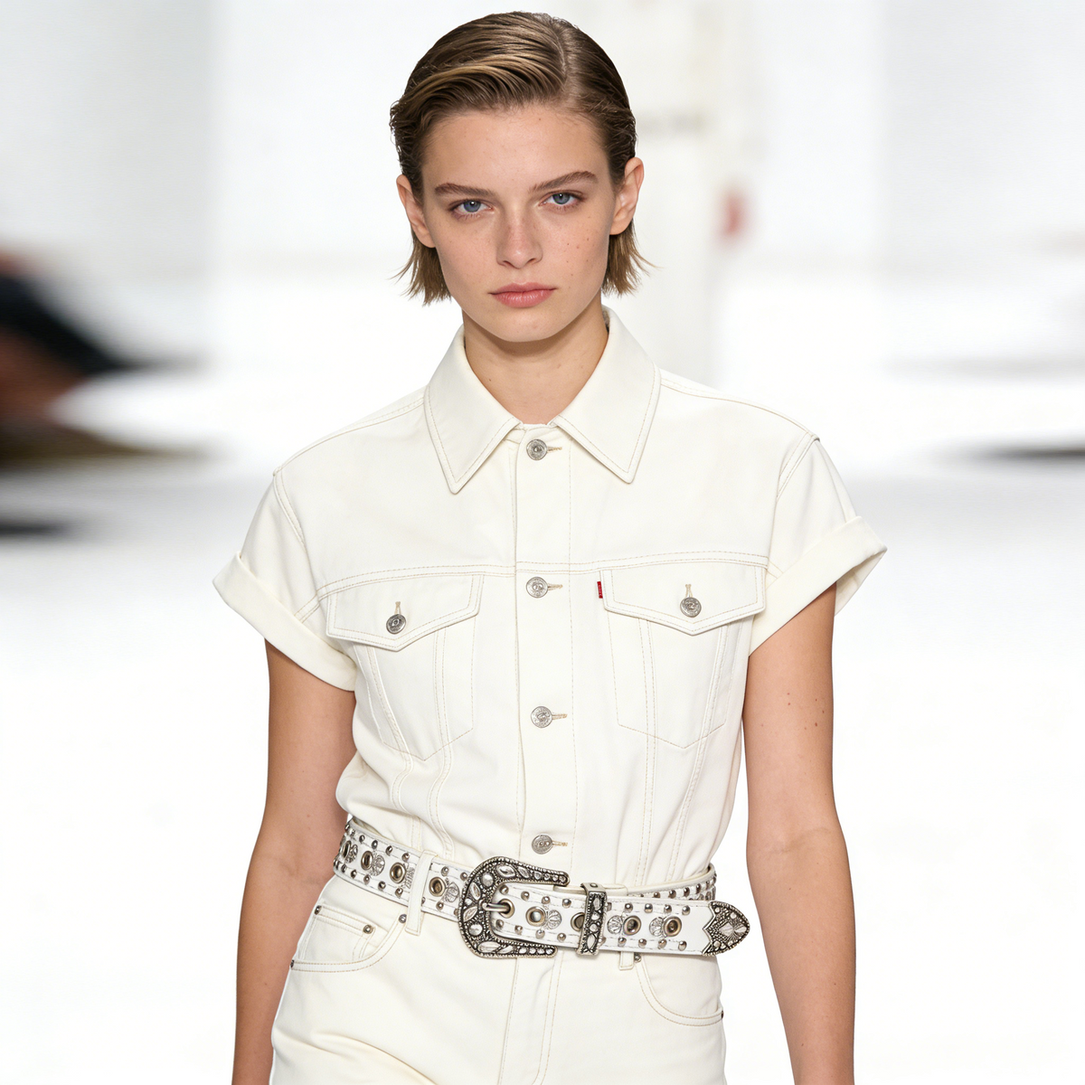 Vintage Western Style White Leather Belt with Antique Silver Studs