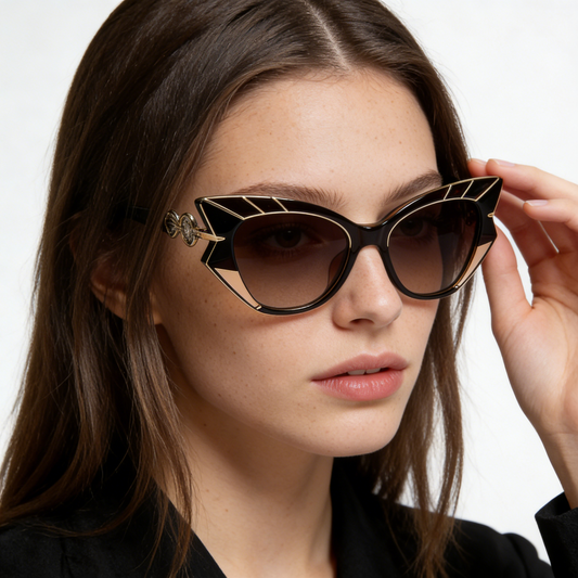 Luxury Black Gold Cat Eye Sunglasses with Crystal Embellishments