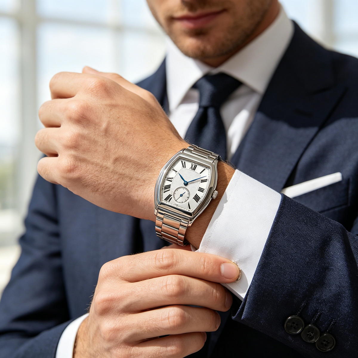 Vintage Tonneau Silver Men's Watch with Roman Numerals
